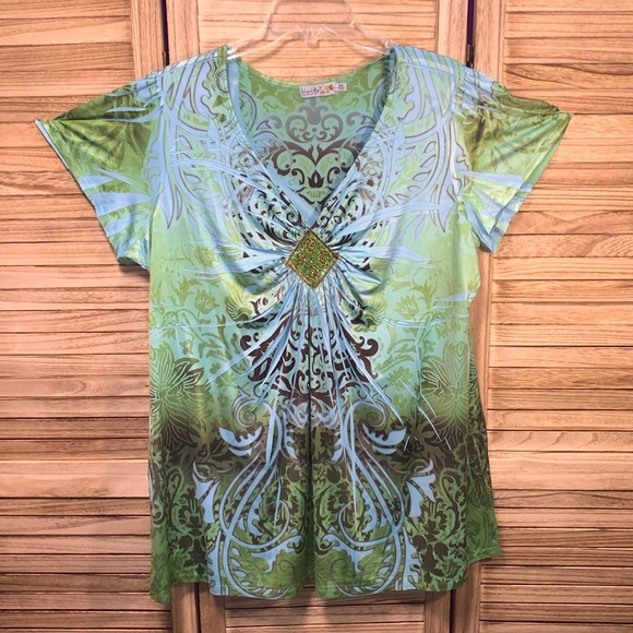 Unity Blouse Jewel Tones Boho Sleeves V Neck Beadwork 3x - Picture 1 of 9